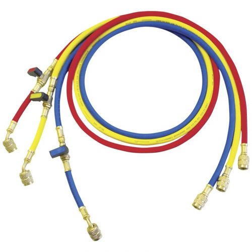 Roth. Sada 3 tlakových hadíc, s guľ. kohútom, 1,5m, 1/4˝ SAE, R22, R134a, R407C, R404A, R744